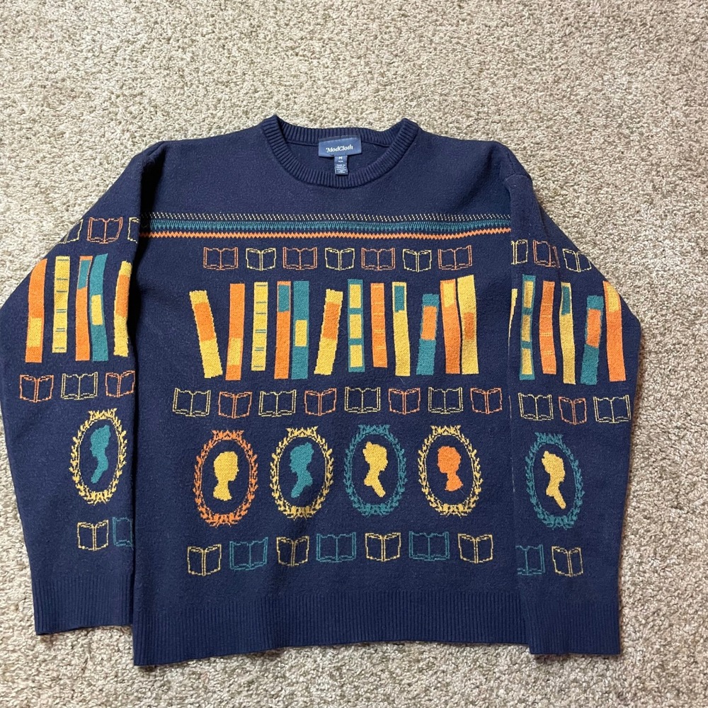 ModCloth Navy Blue Book Librarian Cameo Retro Twee Indie Sweater Medium